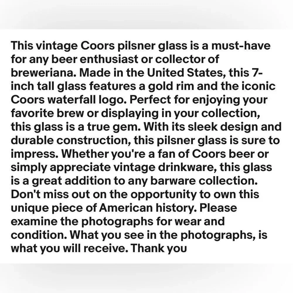 Coors Beer Bar Glass Pure Rocky Mountain Spring 12 Oz Clear Gold Rim 7 In Tall